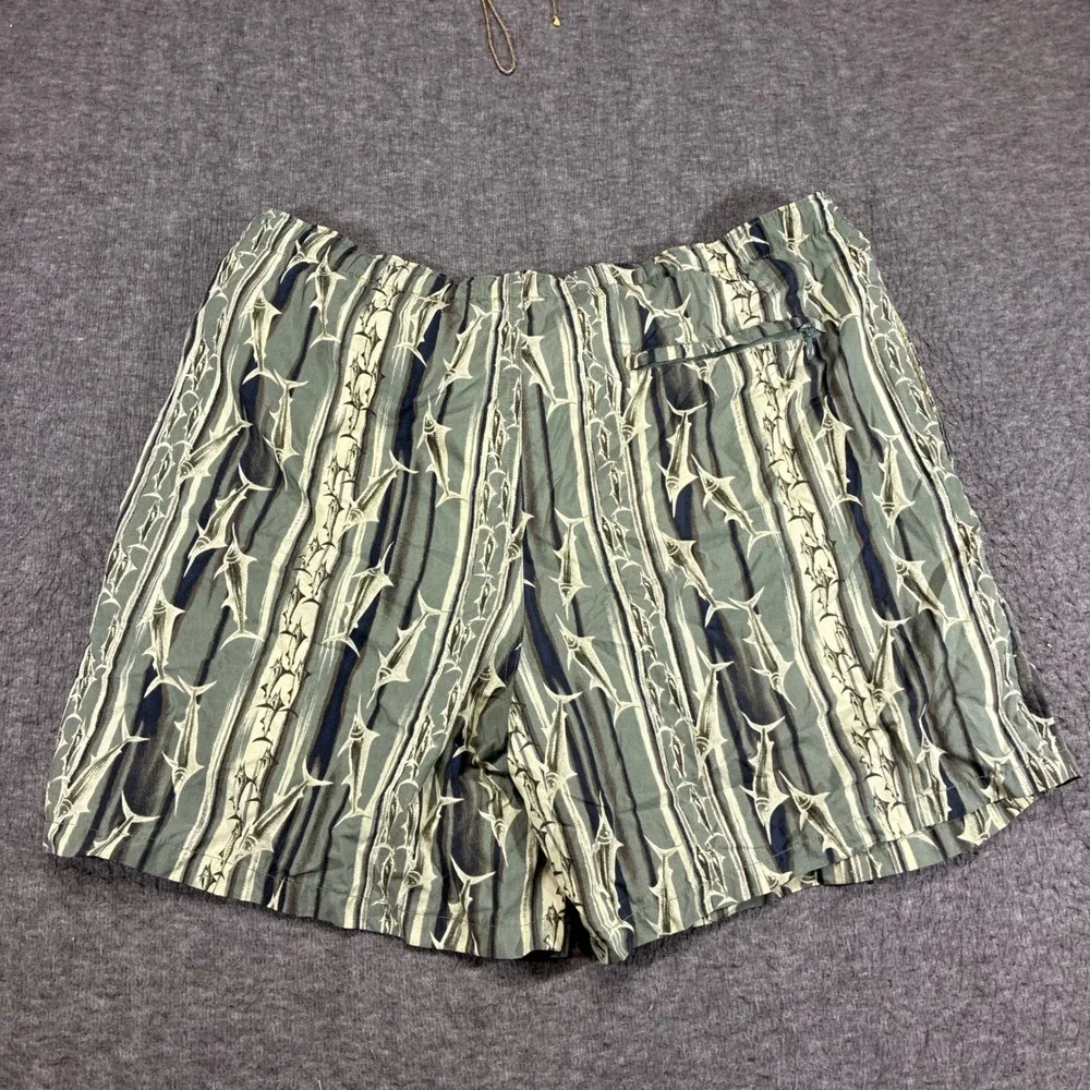 Vintage Columbia Swim Shorts Mens Large Green Marlin Fish Print Belted 90s